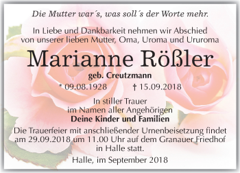 Traueranzeige von Marianne Rößler von Mitteldeutsche Zeitung Halle/Saalkreis