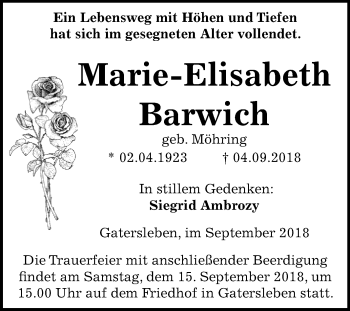 Traueranzeige von Marie-Elisabeth Barwich von Mitteldeutsche Zeitung Aschersleben