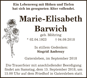 Traueranzeige von Marie-Elisabeth Barwich von Super Sonntag Aschersleben