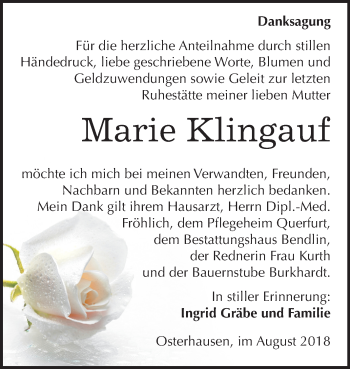 Traueranzeige von Marie Klingauf von Mitteldeutsche Zeitung