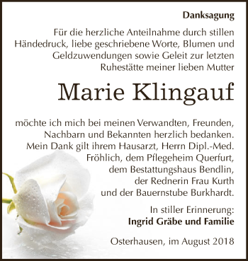 Traueranzeige von Marie Klingauf von Wochenspiegel Mansfelder Land