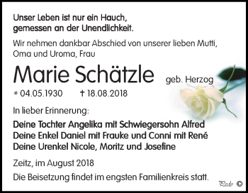 Traueranzeige von Marie Schätzle von Mitteldeutsche Zeitung Zeitz