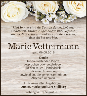 Traueranzeige von Marie Vettermann von Wochenspiegel Mansfelder Land