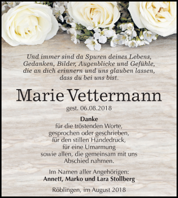 Traueranzeige von Marie Vettermann von Mitteldeutsche Zeitung