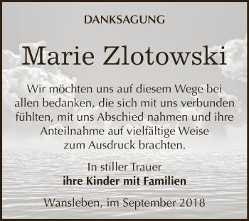 Traueranzeige von Marie Zlotowski von Super Sonntag SGH Mansf. Land