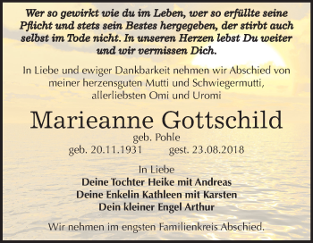 Traueranzeige von Marieanne Gottschild von Mitteldeutsche Zeitung Zeitz