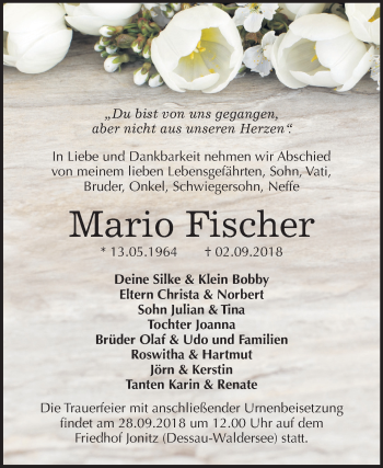 Traueranzeige von Mario Fischer von Mitteldeutsche Zeitung Dessau-Roßlau