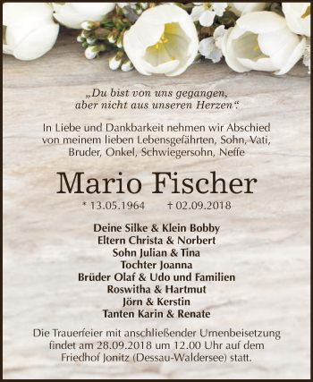 Traueranzeige von Mario Fischer von WVG - Wochenspiegel Dessau / Köthen