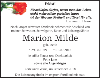 Traueranzeige von Marion Milde von Mitteldeutsche Zeitung Zeitz