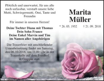 Traueranzeige von Marita Müller von Mitteldeutsche Zeitung Bitterfeld