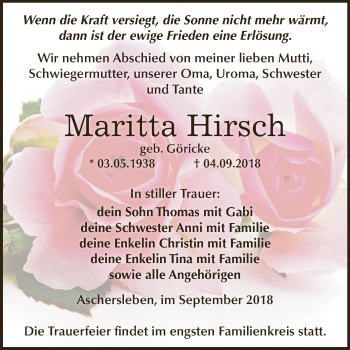 Traueranzeige von Maritta Hirsch von Super Sonntag Aschersleben