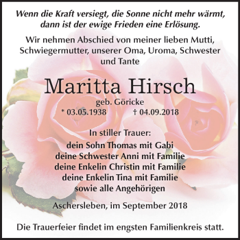Traueranzeige von Maritta Hirsch von Mitteldeutsche Zeitung Aschersleben