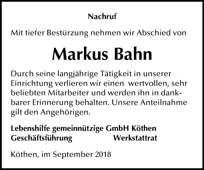  Traueranzeige für Markus Bahn vom 29.09.2018 aus Mitteldeutsche Zeitung Köthen
