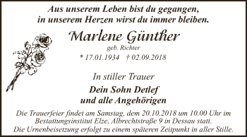 Traueranzeige von Marlene Günther von WVG - Wochenspiegel Dessau / Köthen
