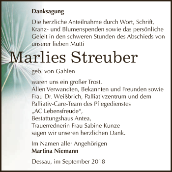 Traueranzeige von Marlies Streuber von WVG - Wochenspiegel Dessau / Köthen