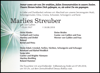 Traueranzeige von Marlies Streuber von Mitteldeutsche Zeitung Dessau-Roßlau