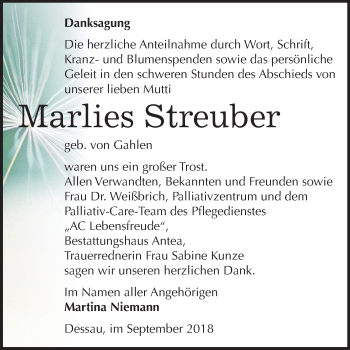 Traueranzeige von Marlies Streuber von Mitteldeutsche Zeitung Dessau-Roßlau