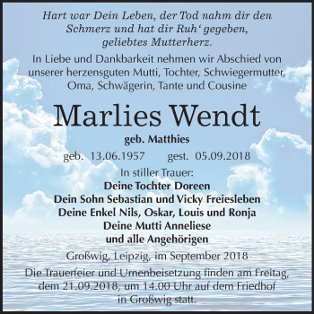 Traueranzeige von Marlies Wendt von Mitteldeutsche Zeitung