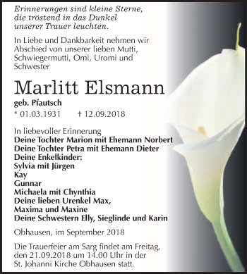 Traueranzeige von Marlitt Elsmann von WVG - Wochenspiegel Merseburg