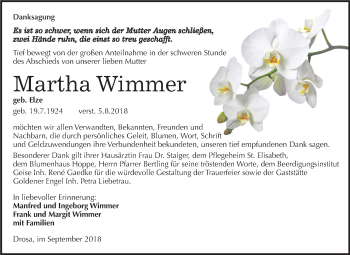 Traueranzeige von Martha Wimmer von Mitteldeutsche Zeitung Köthen