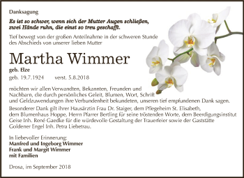 Traueranzeige von Martha Wimmer von WVG - Wochenspiegel Dessau / Köthen