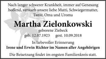 Traueranzeige von Martha Zielonkowski von Mitteldeutsche Zeitung Bernburg
