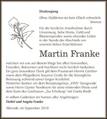 Traueranzeige von Martin Franke von Wochenspiegel Mansfelder Land