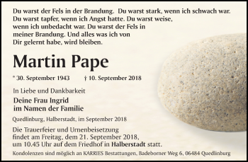 Traueranzeige von Martin Pape von Mitteldeutsche Zeitung Quedlinburg