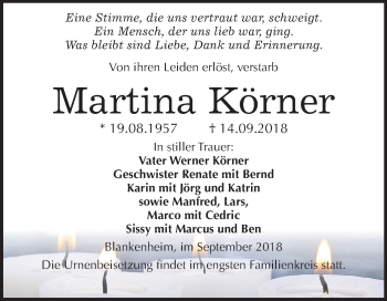 Traueranzeige von Martina Körner von Mitteldeutsche Zeitung Sangerhausen