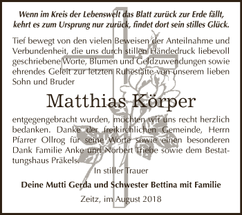 Traueranzeige von Matthias Körper von Super Sonntag Zeitz