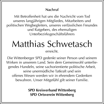 Traueranzeige von Matthias Schwetasch von Mitteldeutsche Zeitung