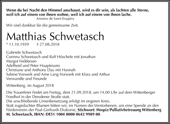 Traueranzeige von Matthias Schwetasch von Mitteldeutsche Zeitung