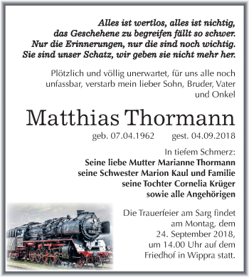 Traueranzeige von Matthias Thormann von Mitteldeutsche Zeitung Sangerhausen