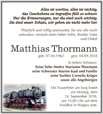 Traueranzeige von Matthias Thormann von Super Sonntag SGH Mansf. Land