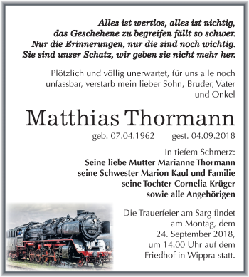 Traueranzeige von Matthias Thormann von Mitteldeutsche Zeitung