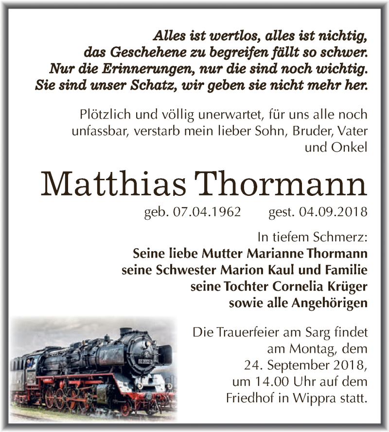  Traueranzeige für Matthias Thormann vom 22.09.2018 aus Super Sonntag SGH Mansf. Land