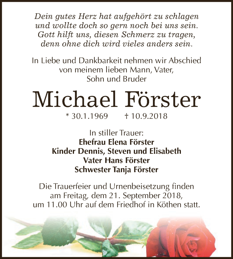  Traueranzeige für Michael Förster vom 15.09.2018 aus WVG - Wochenspiegel Dessau / Köthen