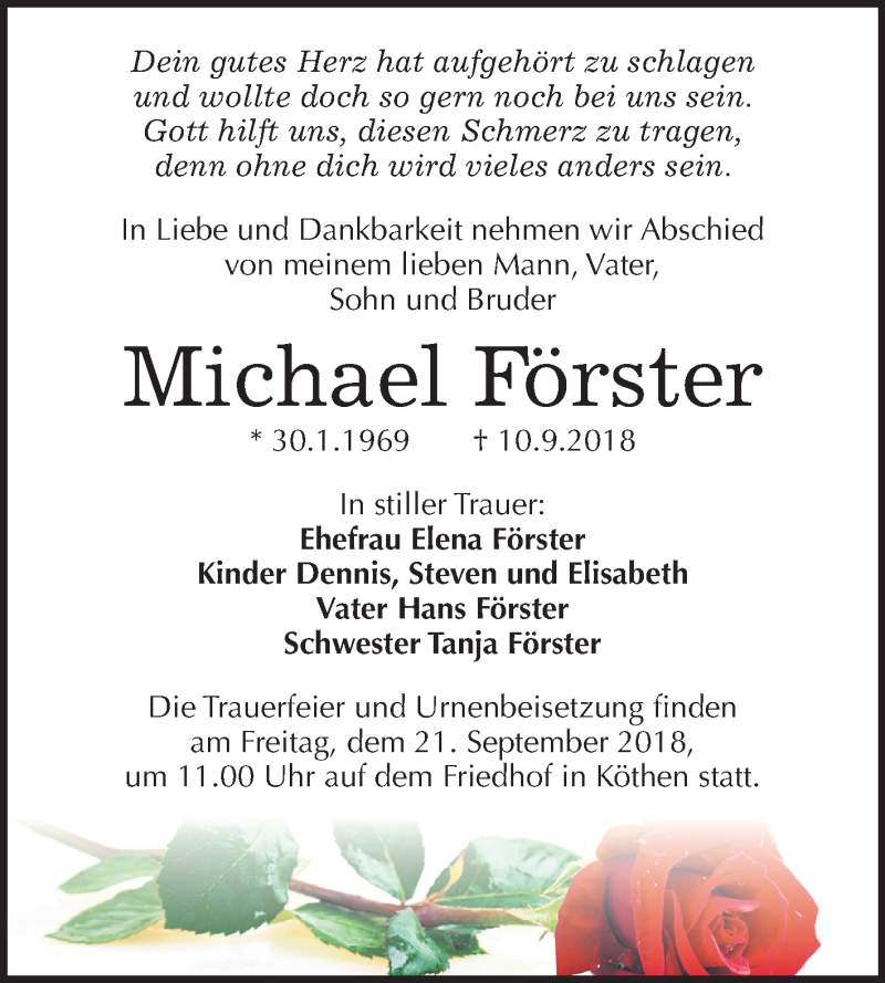  Traueranzeige für Michael Förster vom 15.09.2018 aus Mitteldeutsche Zeitung Köthen