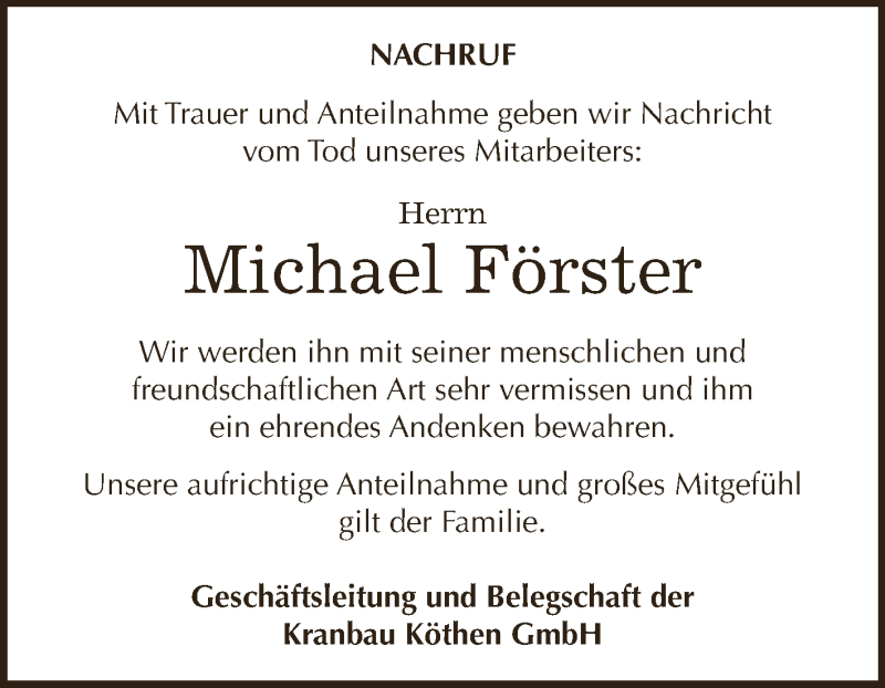  Traueranzeige für Michael Förster vom 22.09.2018 aus Super Sonntag Dessau / Köthen