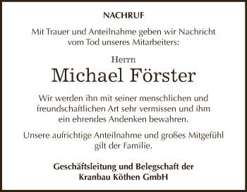 Traueranzeige von Michael Förster von Super Sonntag Dessau / Köthen