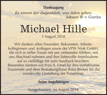 Traueranzeige von Michael Hille von Mitteldeutsche Zeitung Sangerhausen