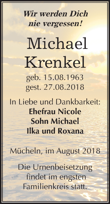 Traueranzeige von Michael Krenkel von Mitteldeutsche Zeitung Merseburg/Querfurt