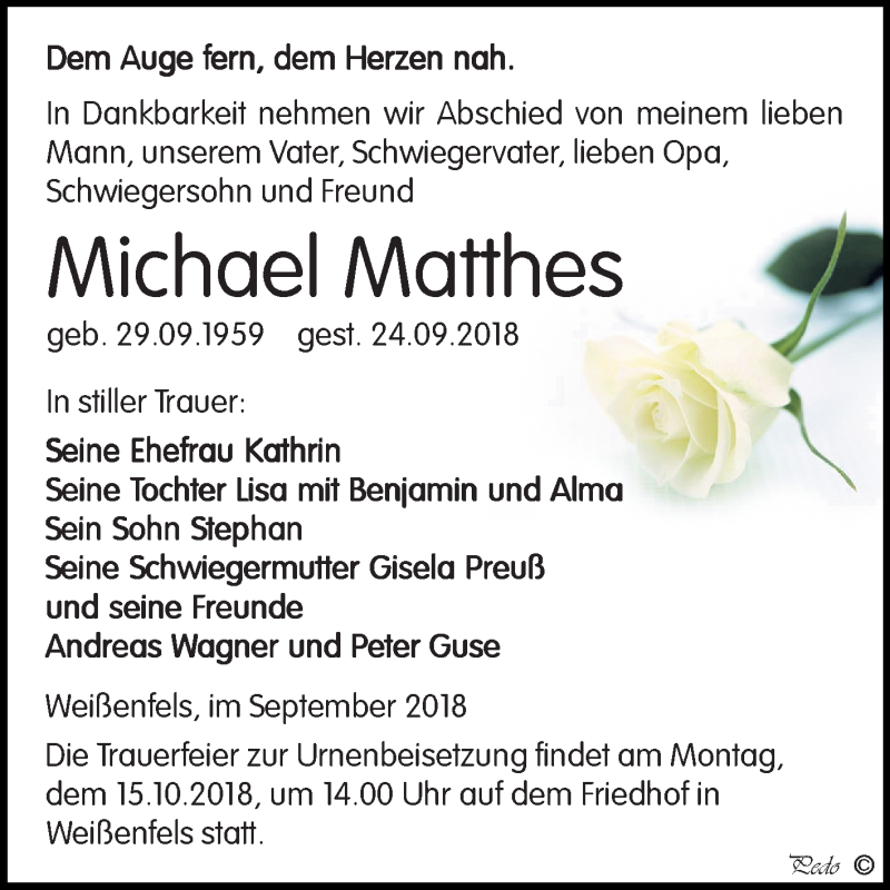  Traueranzeige für Michael Matthes vom 29.09.2018 aus Mitteldeutsche Zeitung Weißenfels