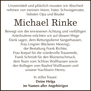 Traueranzeige von Michael Rinke von WVG - Wochenspiegel SGH
