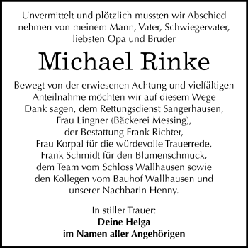 Traueranzeige von Michael Rinke von Mitteldeutsche Zeitung Sangerhausen