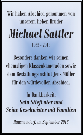 Traueranzeige von Michael Sattler von Mitteldeutsche Zeitung Aschersleben