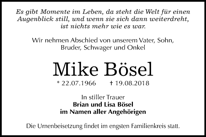  Traueranzeige für Mike Bösel vom 01.09.2018 aus Mitteldeutsche Zeitung