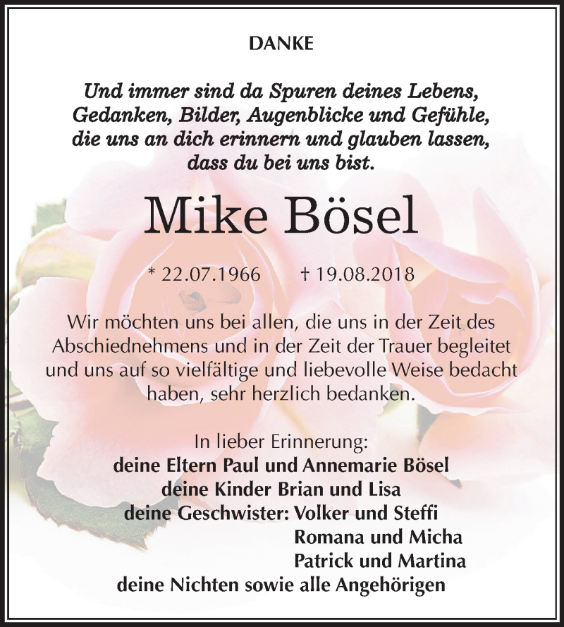  Traueranzeige für Mike Bösel vom 19.09.2018 aus Mitteldeutsche Zeitung Sangerhausen