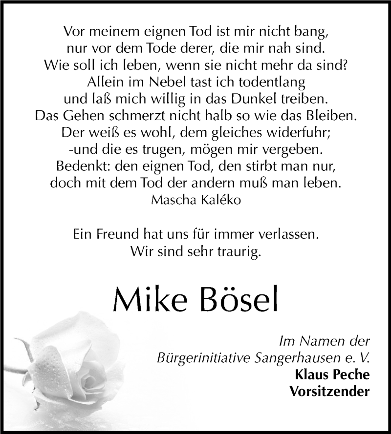  Traueranzeige für Mike Bösel vom 29.09.2018 aus Mitteldeutsche Zeitung Sangerhausen