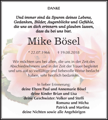 Traueranzeige von Mike Bösel von Mitteldeutsche Zeitung Sangerhausen